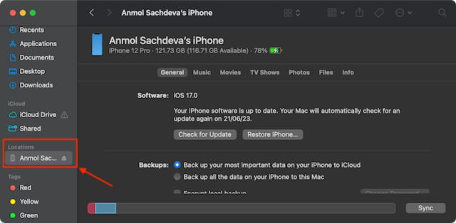 iOS 17 window in finder