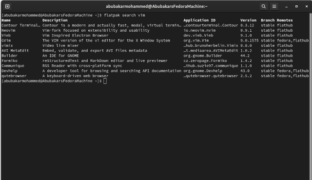 searching for vim in flatpak to install on the system
