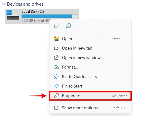 Going to Properties of C Drive in Windows 11