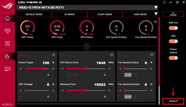 Default settings button in ASUS GPU Tweak III software