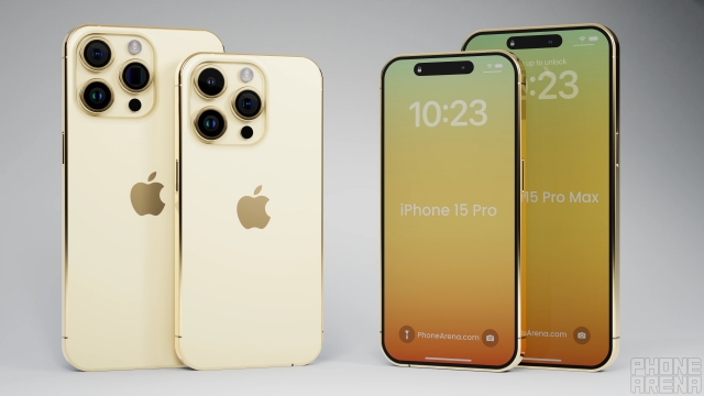 iPhone 15 Pro and 15 Pro Max showcased in Gold color option in the form of a 3D render
