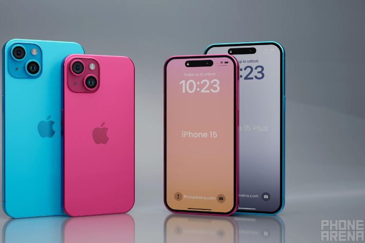 iPhone 15 et 15 Plus présentés dans des rendus 3D roses et bleus