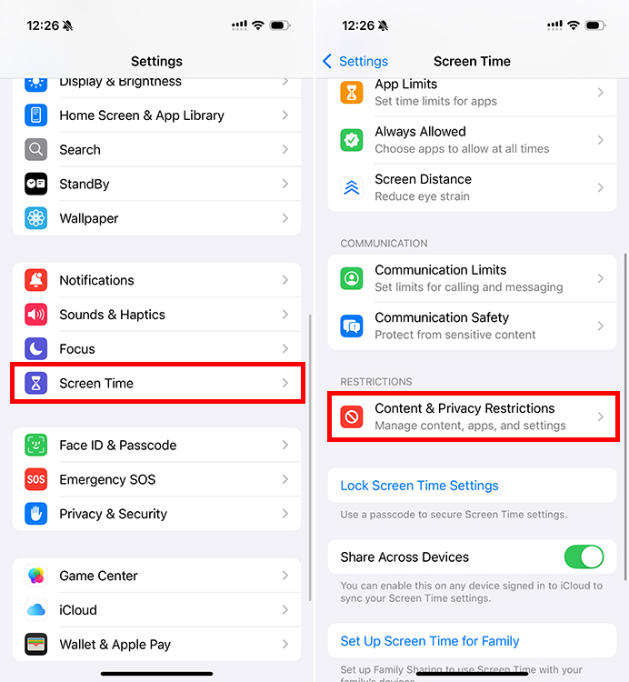 iPhone content and privacy restrictions settings