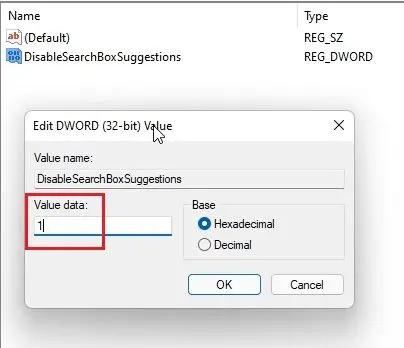 DisableSearchBoxSuggestions entry in Registry
