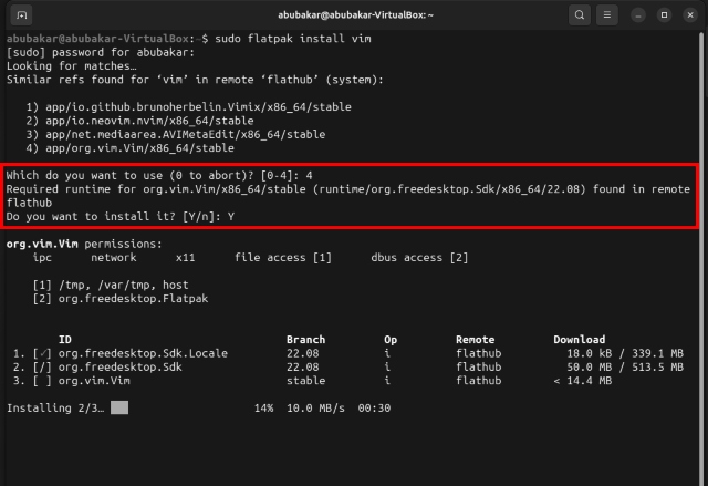 using flatpak to install vim in Ubuntu 23.04
