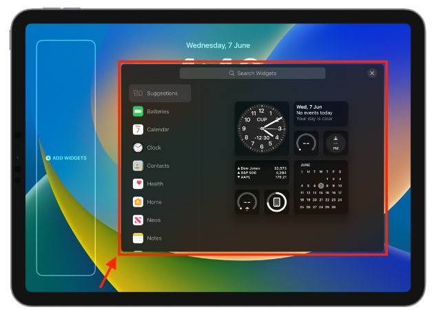 List of widgets on ipad lock screen