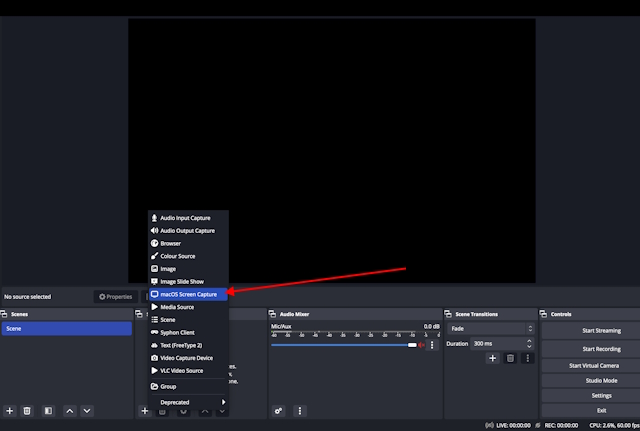 mac OBS Screen Capture select
