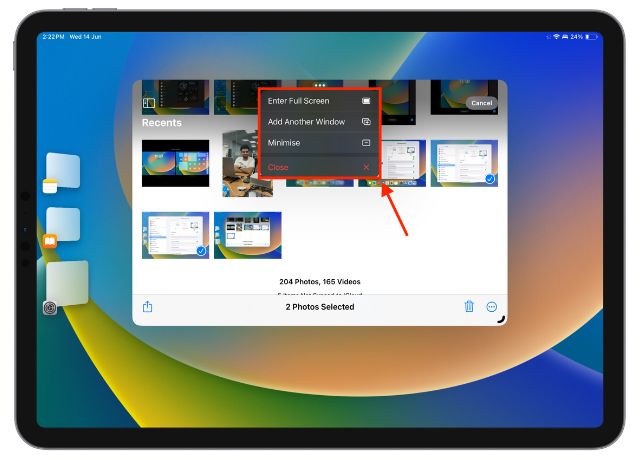 drop down options on app window on iPad