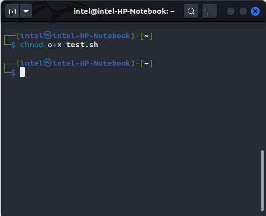 using chmod to make the file test.sh as executable for all Linux users