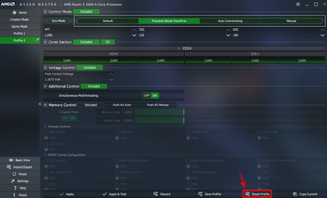Reset Profile option in AMD Ryzen Master