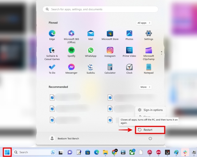 Restart option in Windows 11 Start Menu
