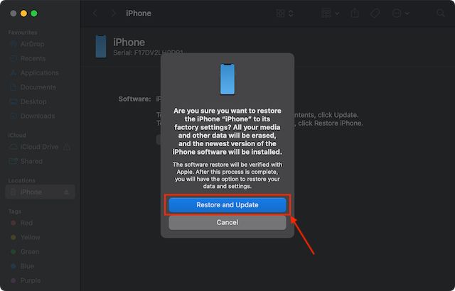 How to Downgrade iPhone from iOS 17 Beta to iOS 16 - Beebom restore and update dialogue box in finder window