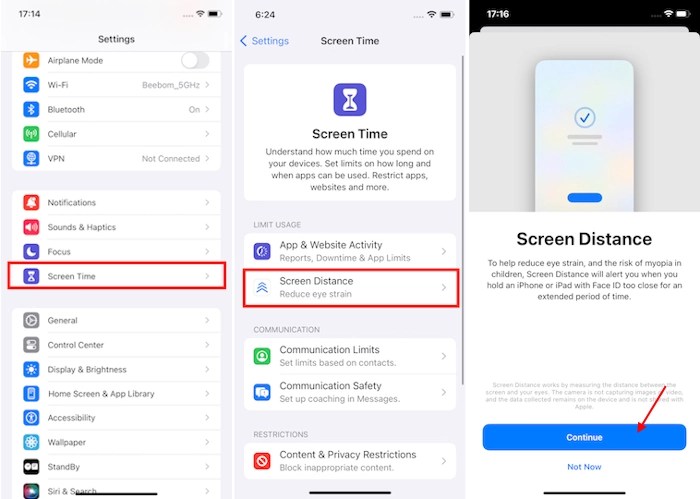 screen distance settings under screen time in ios 17 settings on iphone and ipad
