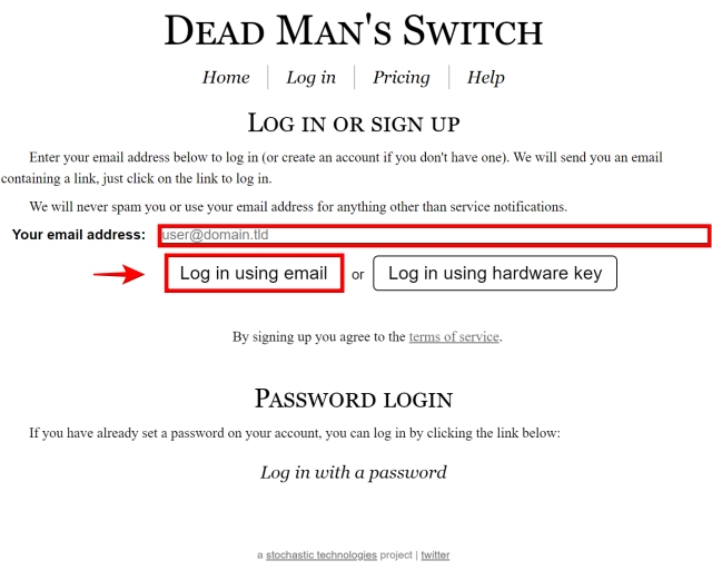 Logging In Using New Email On Dead Man's Switch Website 