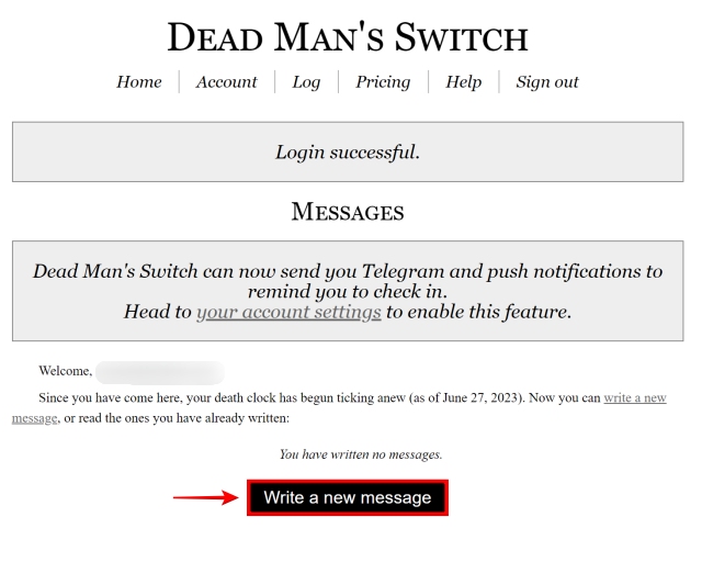 Writing a new message in Dead Man Switch website