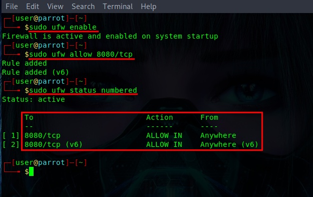 enabling ufw and using it to open Linux system port 8080