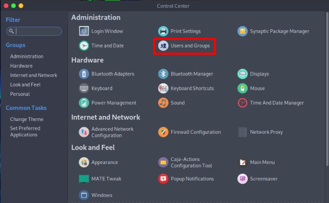 select users and groups settings from administration section