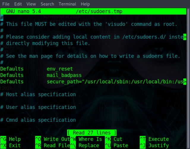 opening the sudoers file to add a new user to grant sudo permissions