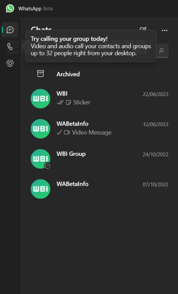 WhatsApp larger group call prompt on Windows beta