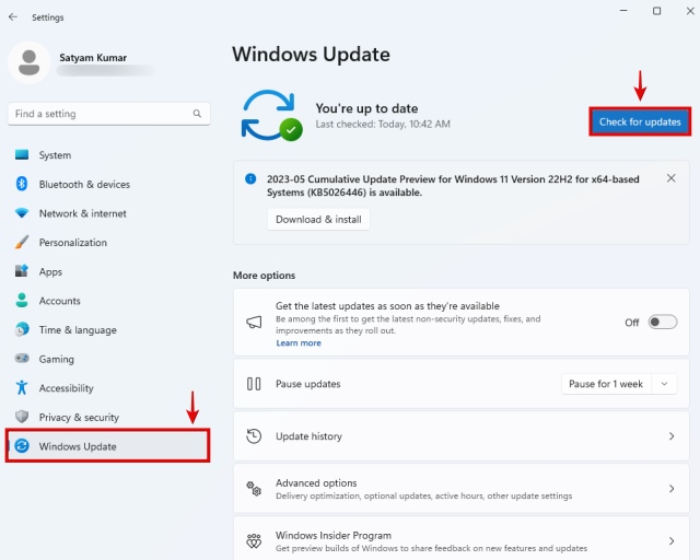 Checking for Updates using Windows Update in Windows 11