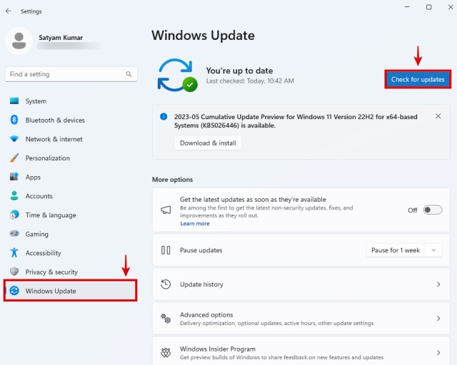 Checking for updates in Windows 11