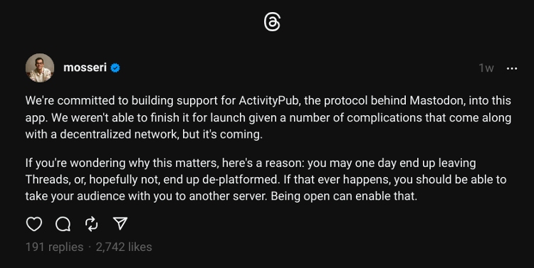 mosseri thread on activitypub and fediverse