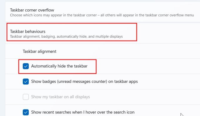 automatically hide the taskbar setting in windows 11