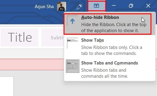 گزینه auto hide ribbon در ms word