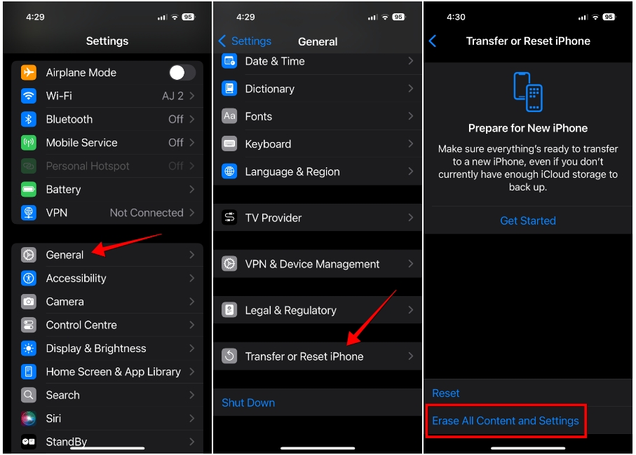 screenshots showing the process of getting to the Erase All Content and Settings option to factory reset an iPhone