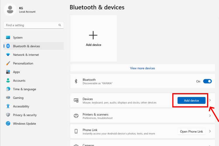 Add a Device option in Bluetooth settings on a Windows laptop