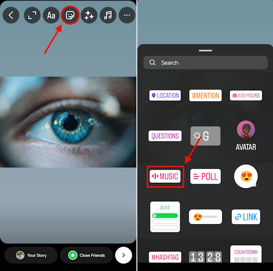 Finding the Music sticker to add to Insta story
