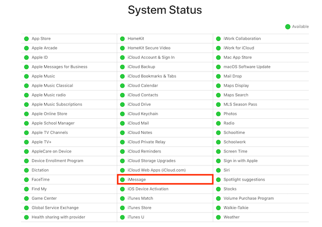 Apple System Status page