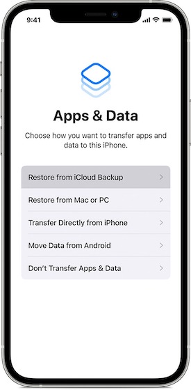 Apps & Data option on iPhone