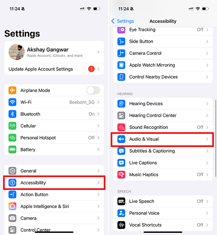 Audio & Visual accessibility settings on iPhone