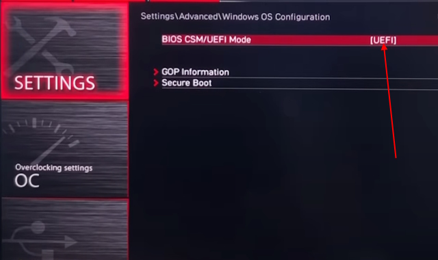 BIOS mode change