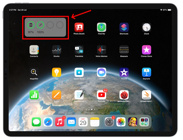 Battery widget on iPad screen