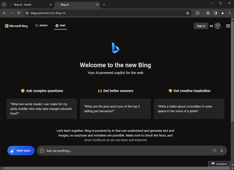 Bing AI for Chrome in action
