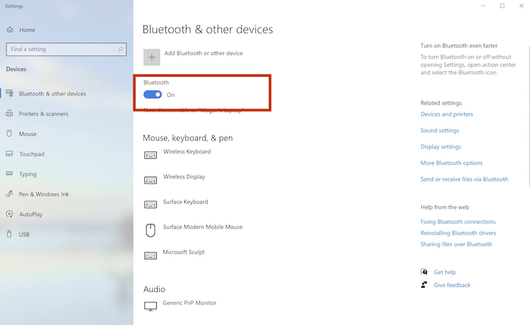 Toggle On bluetooth in Windows 10 settings