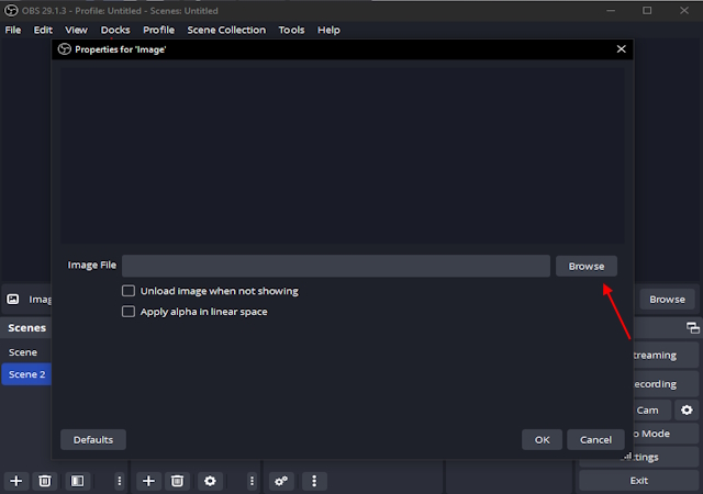 Browse for image to add in OBS