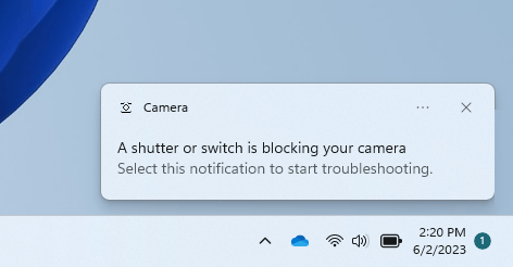 Camera troubleshooting pop-up