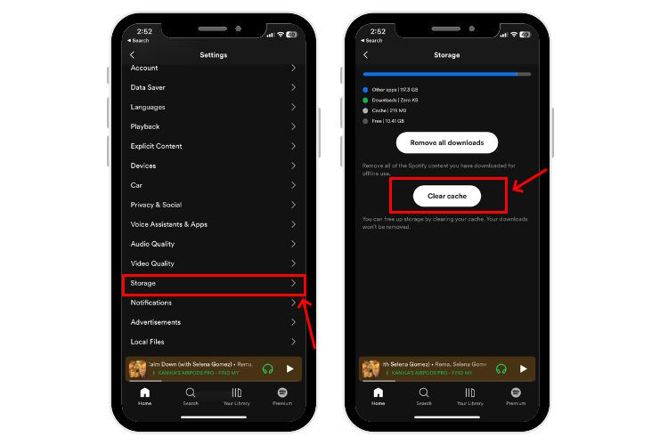 Spotify app delete cache option under Settings