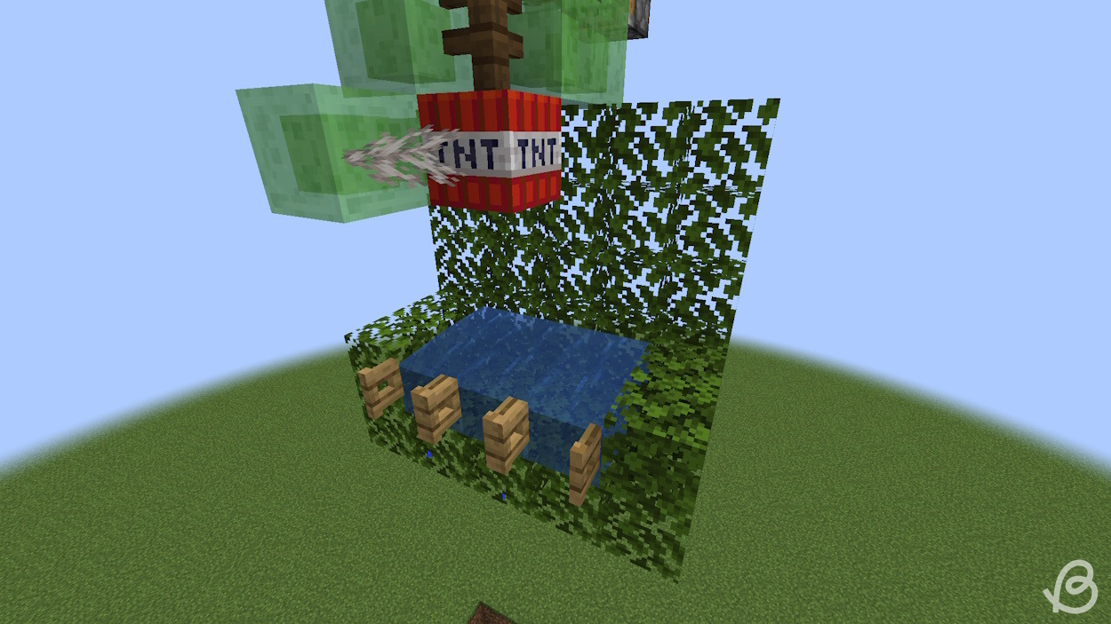 Finished leaf platform that's going to funnel the TNT towards the cobblestone generator in Minecraft