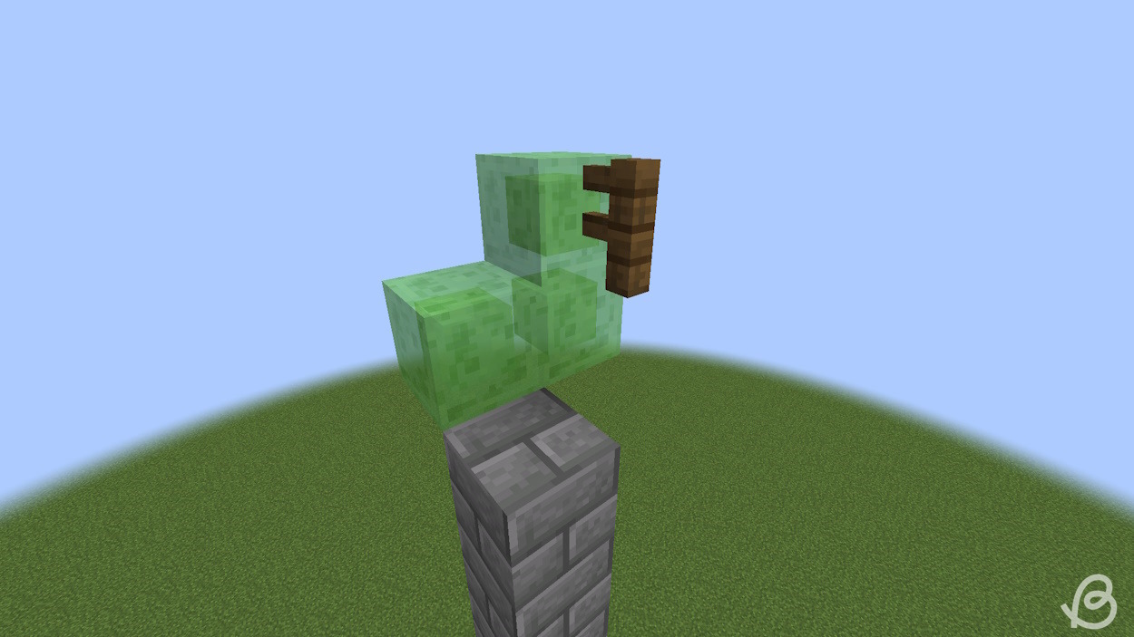 Pillar up and place an L shape of slime blocks with a fence to start building the TNT duper for the cobblestone generator in Minecraft