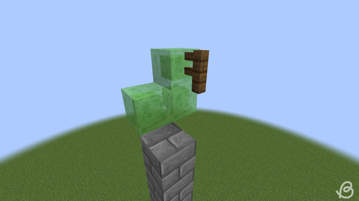 Pillar up and place an L shape of slime blocks with a fence to start building the TNT duper for the cobblestone generator in Minecraft