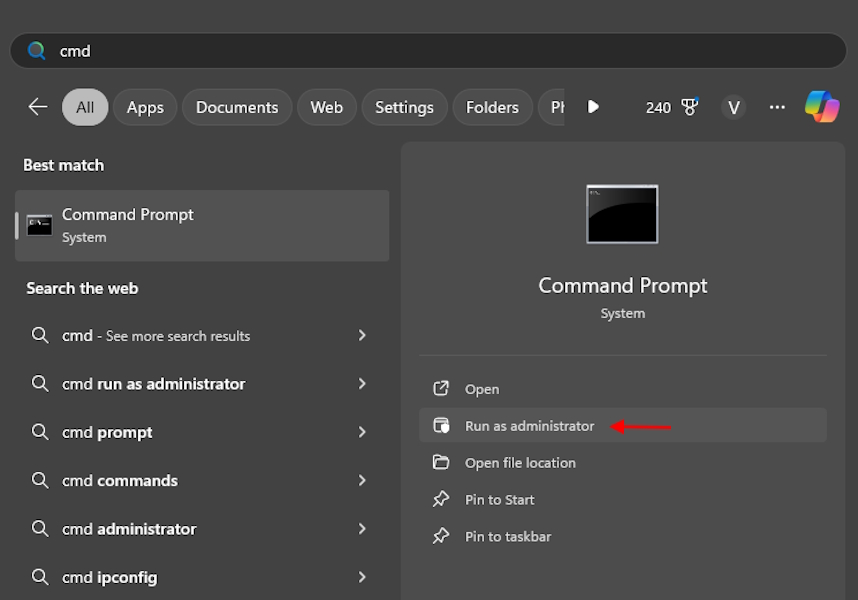 Command Prompt run as admin option in Windows 11