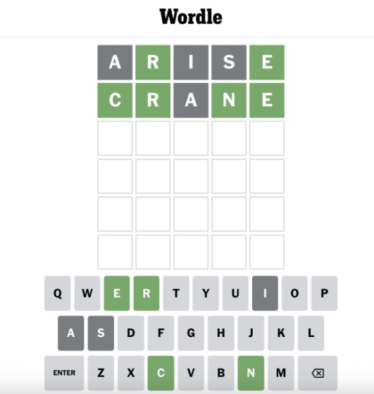 An in-game screenshot of Wordle inputting the word Crane 