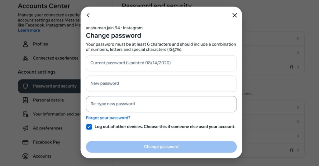 Create New Instagram Password