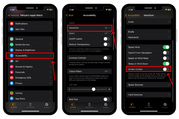 Screen Curtain settings on Apple Watch