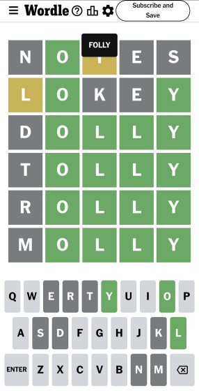 An in-game screenshot of a user rushing in Wordle