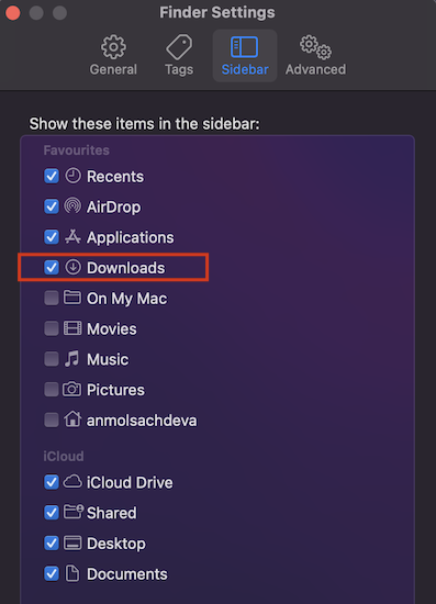 Downloads folder option from Finder